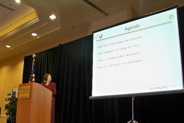 Judith Beussink, chief information officer, Surface Deployment Distribution Command, addresses the chapter in February.